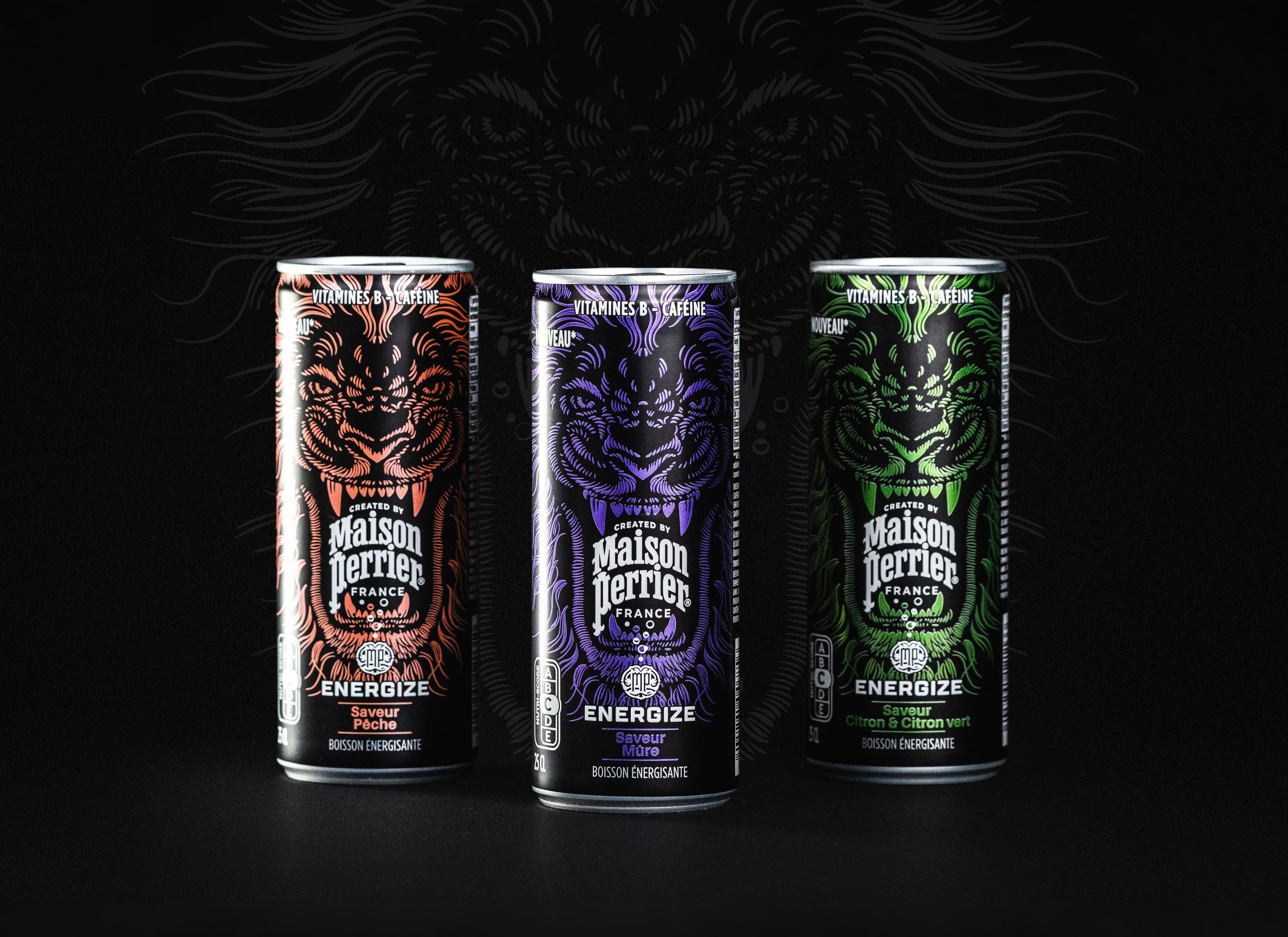 Lot de trois canettes Maison Perrier Energize sur fond noir
