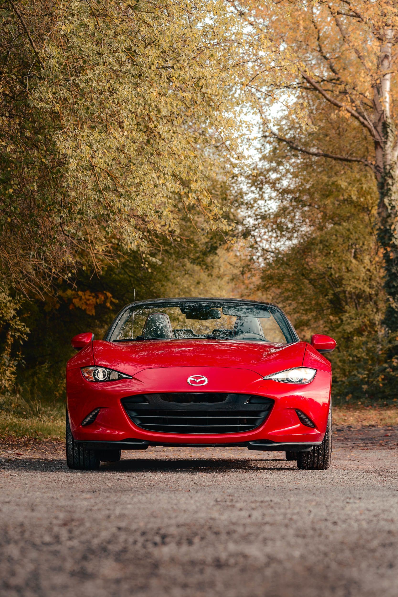 Mazda MX-5 rouge, garée sur une route de campagne
